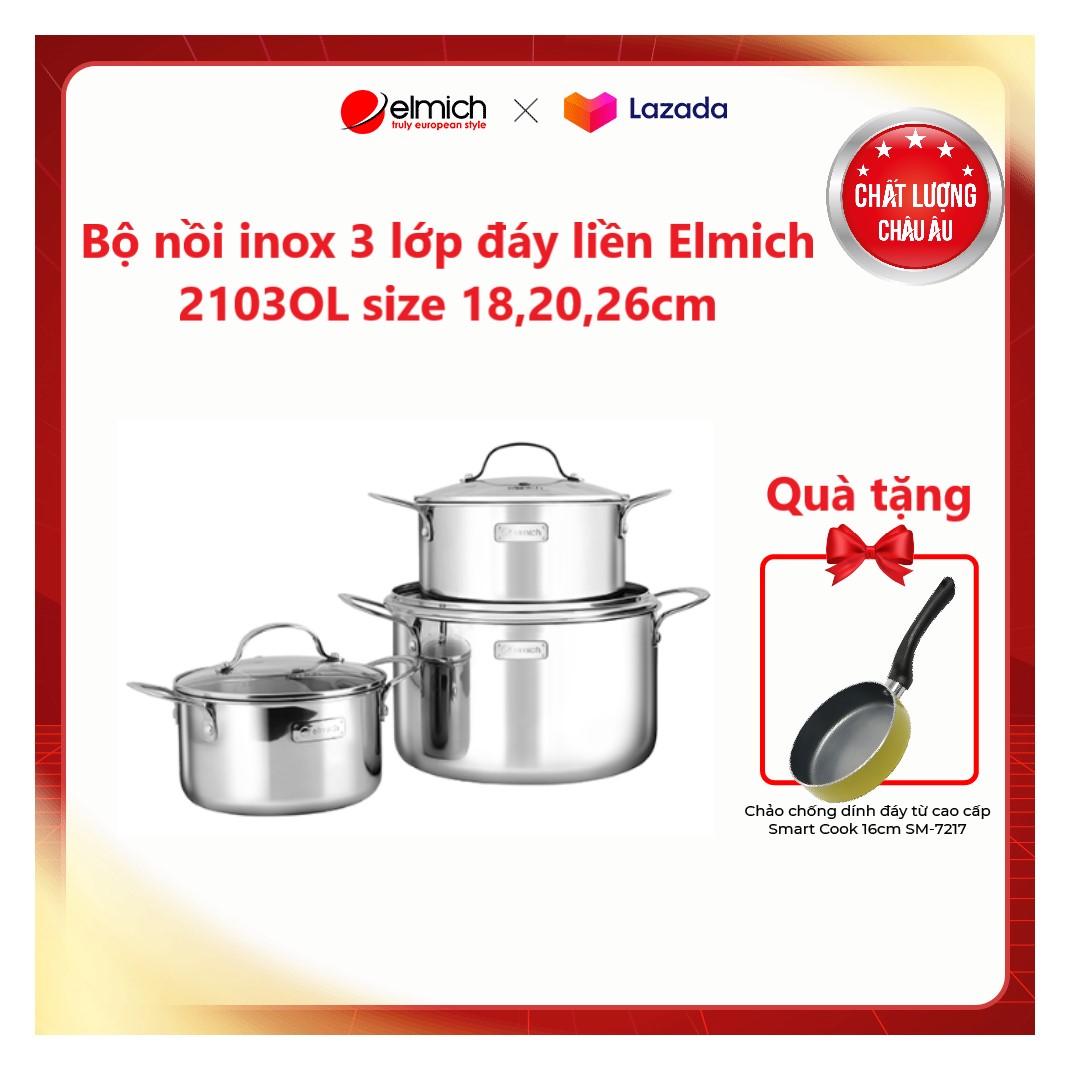 Bộ nồi inox 3 lớp đáy liền Elmich 2103OL size 18,20,26cm