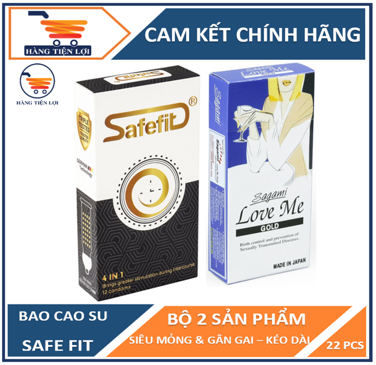 Combo Bao cao su Gân-Gai-Thắt-Kéo dài thời gian Safe Fit 4in1 12 chiếc và Sagami Siêu Mỏng Love me Gold 10 chiếc