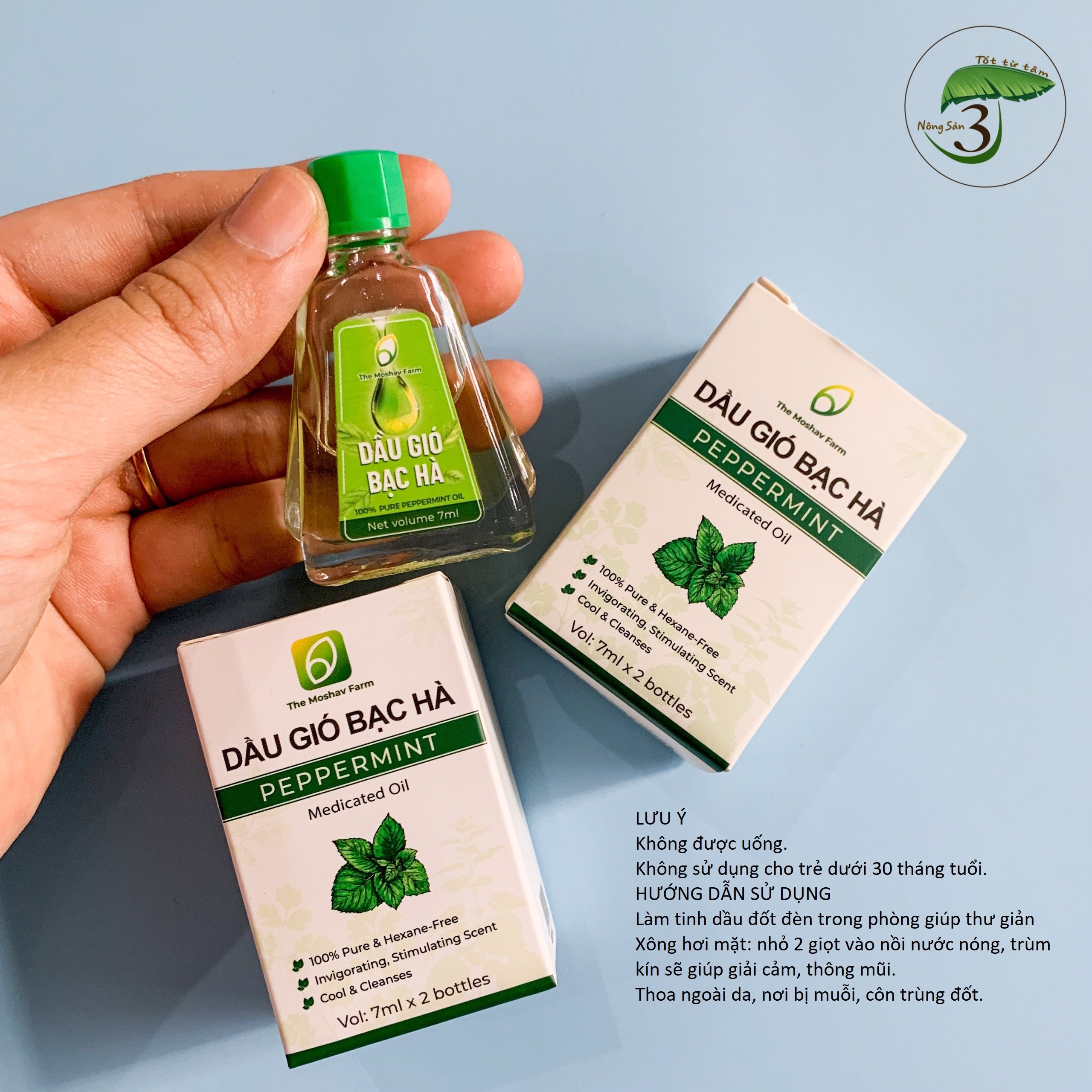 Dầu gió bạc hà hương thơm dịu nhẹ 100% từ lá bạc hà tươi mát dễ chịu thông mũi sảng khoái tinh thần 1 hộp 2 chai 7ml/1 chai Peppermint oil The Moshav Farm