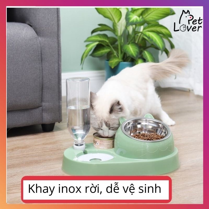 Bát ăn cho mèo, bát ăn cho chó khay inox kèm bình nước tự động - Petlover