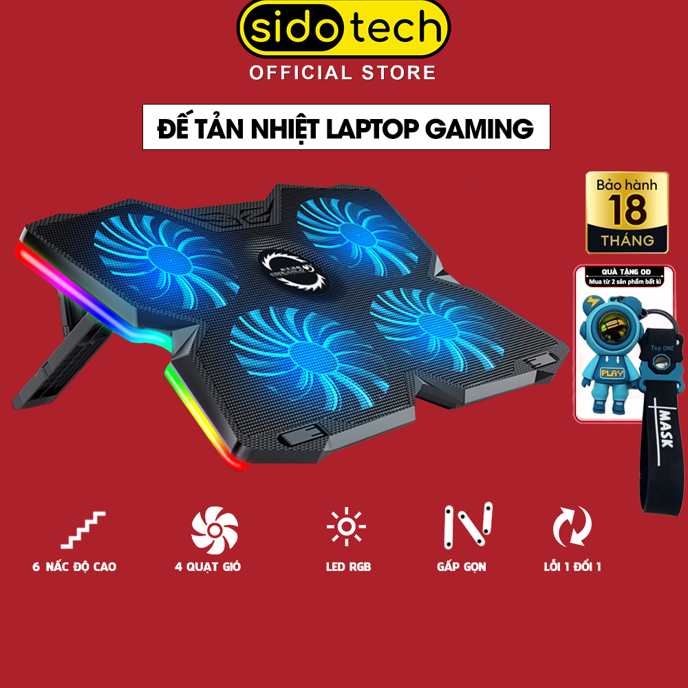 Đế tản nhiệt laptop gaming SIDOTECH ICE M2 PRO 4 quạt lớn giá đỡ laptop làm mát nhanh đèn led rgb 7 mức chỉnh độ cao giúp làm việc chơi game không lo nóng máy giật lag cho máy tính