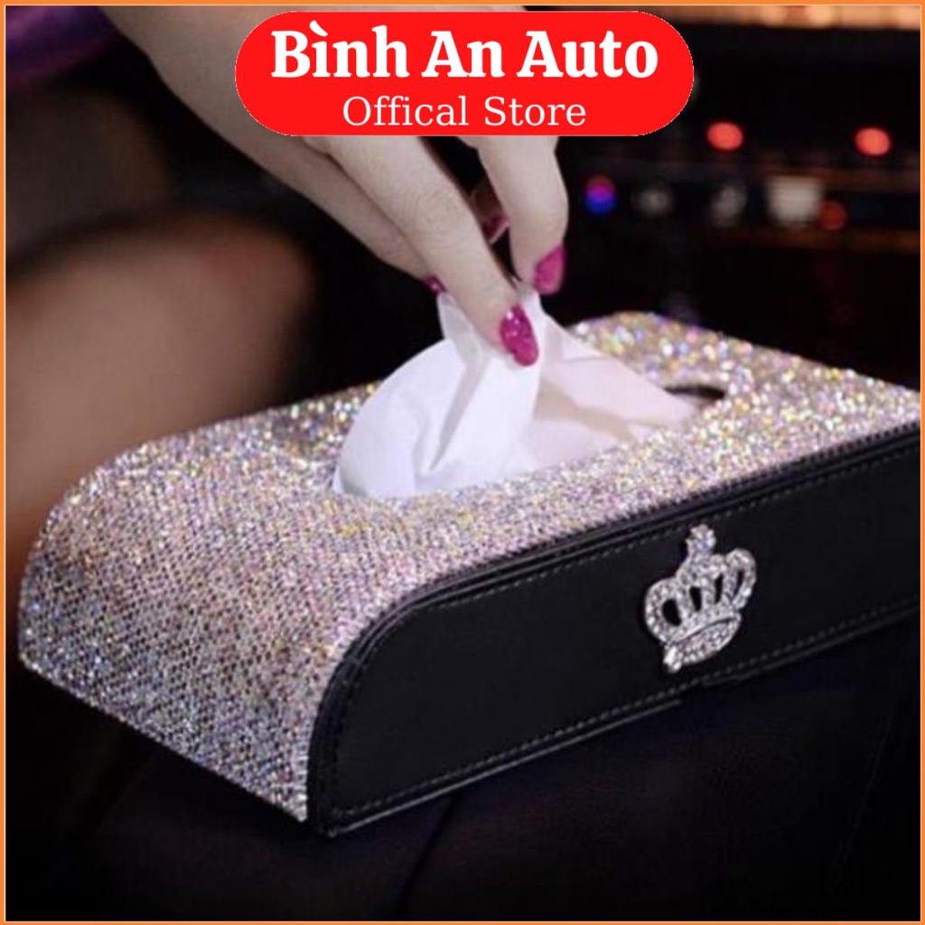 Hộp đựng khăn giấy da đính đá vương miện cao cấp - hộp đựng khăn giay đa năng