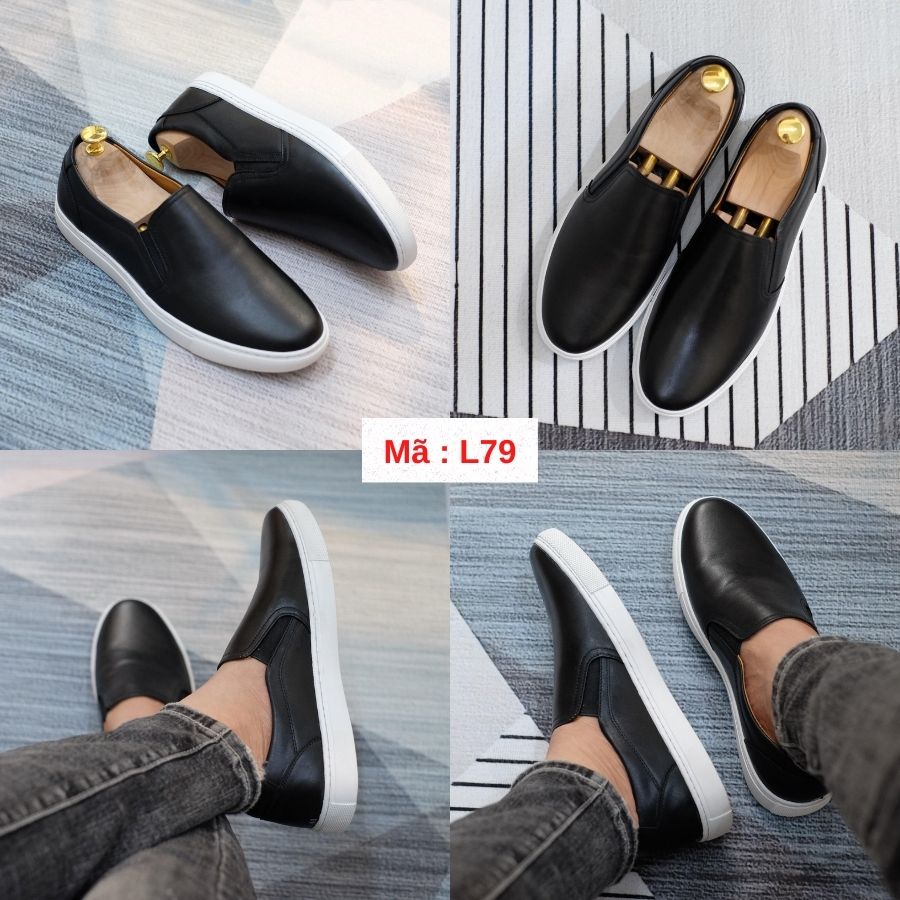 Giày Slipon Da Bò Xịn Sò Màu Đen Đế Trắng