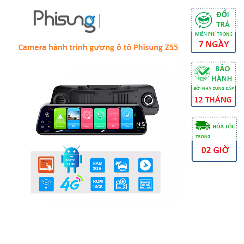 Camera hành trình gương ô tô nhãn hiệu phisung z55, 4g, wifi, màn hình 10 inch, android 8.1, rom 16g, ram 2gb,dẫn đường navitel, google map. bảo hành 12 tháng. lỗi 1 đổi 1.