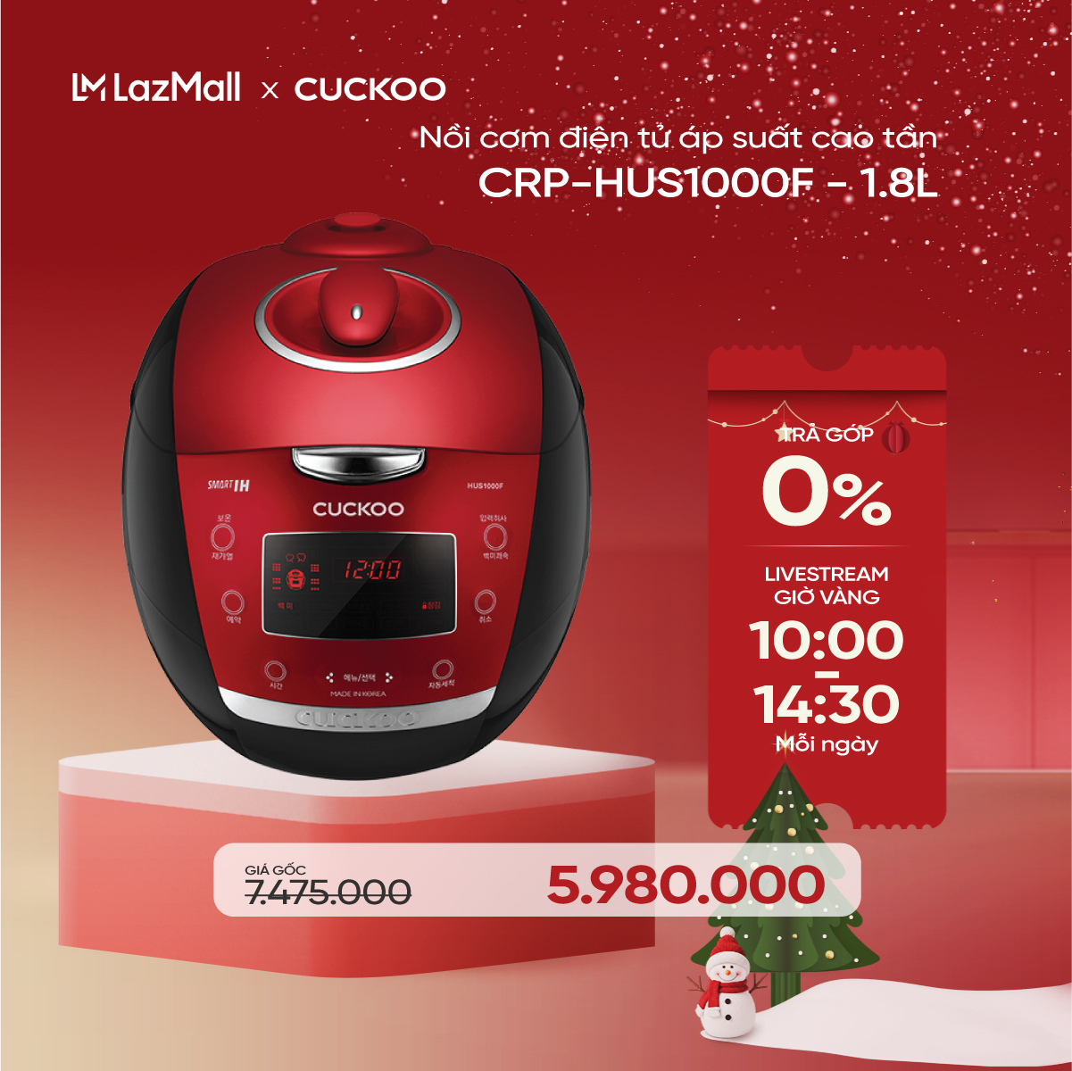  Nồi cơm điện tử áp suất cao tần Cuckoo 1.8 lít CRP-HUS1000F màu đỏ- lòng nồi chống dính cao cấp phủ Xwall Black shine - Hàng chính hãng Cuckoovina 