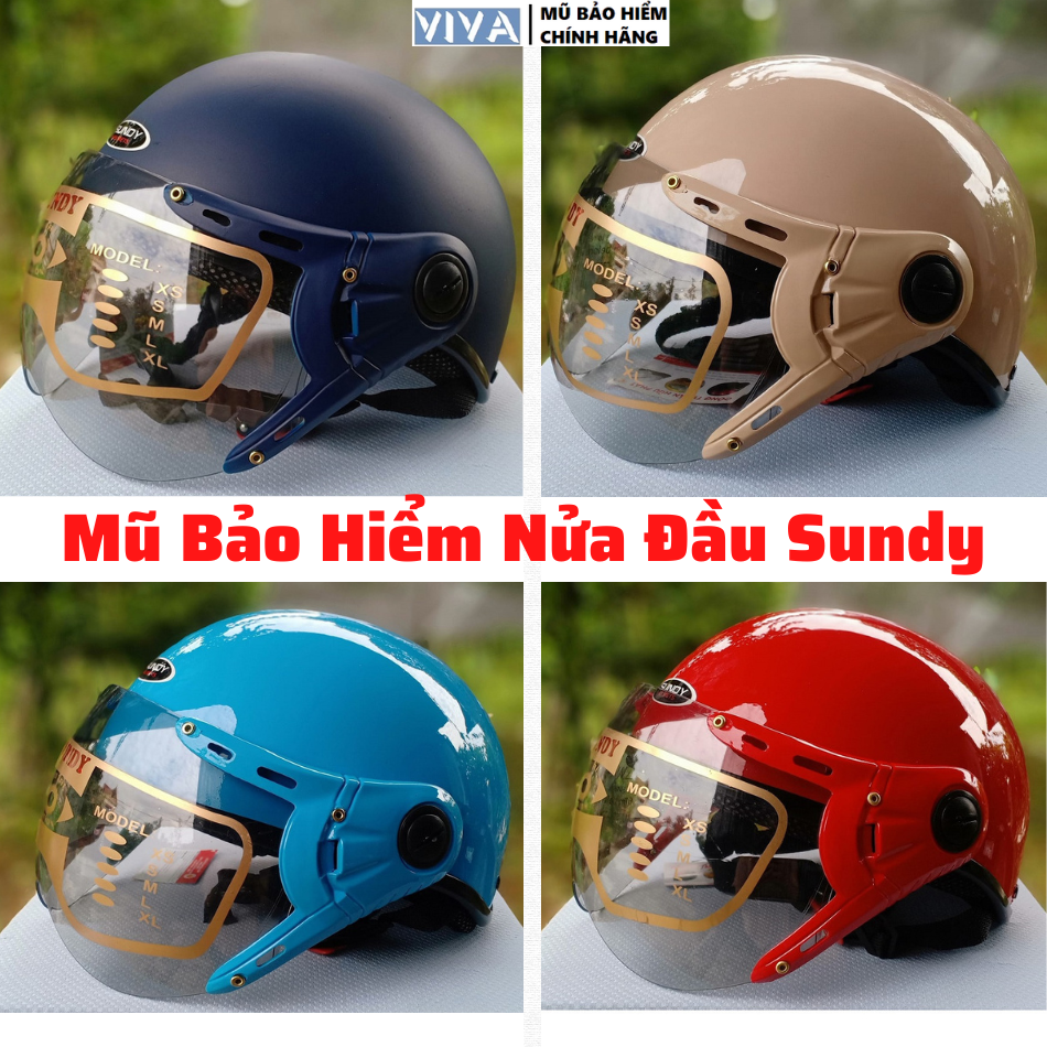 Mũ bảo hiểm nửa đầu Sundy chính hãng, nón bảo hiểm nửa đầu có kính, mũ bảo hiểm 1/2 đầu cho nam nữ người lớn size 56cm-58cm, nón bảo hiểm thời trang-Bảo Hành 12 Tháng-Shop VIVA