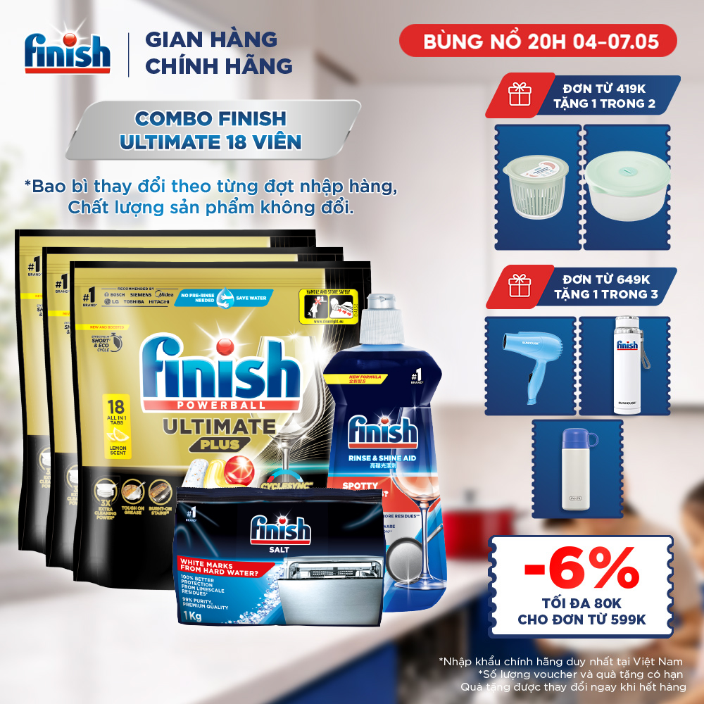 Combo 3 Viên rửa chén Finish Ultimate 18 viên + Nước làm bóng 500ml + Muối rửa chén 1kg