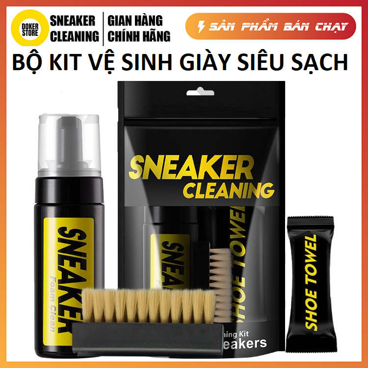 Bộ kit vệ sinh giày chuyên nghiệp Sneaker Cleaning, Bộ 3 món vệ sinh giày cao cấp gồm 1 chai sịt tẩy 150ml, 1 khăn lau, 1 bàn chải chuyên dụng cho vệ sinh giày, Làm sạch giày nhanh chóng bằng công nghệ mới, an toàn