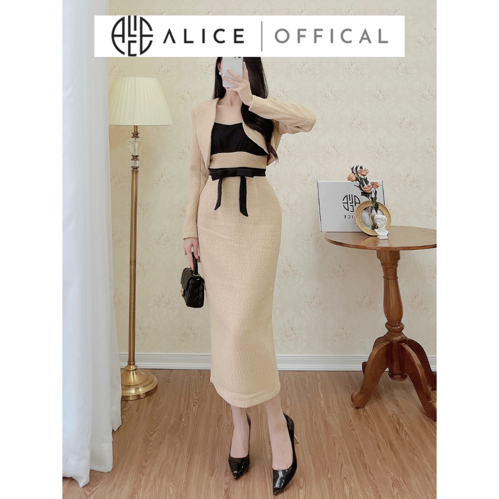 Set váy dạ 2 dây phối nơ ngực kèm áo khoác ngoài alice dáng dài, chất liệu dạ gạo cao cấp s231