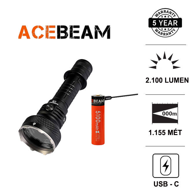 Đèn pin ACEBEAM L18 chiếu xa 1155m độ sáng 2100 lumen ánh sáng xanh pin sạc 21700 5100mAh (kèm theo) sạc Type-C Đèn & Đèn pin