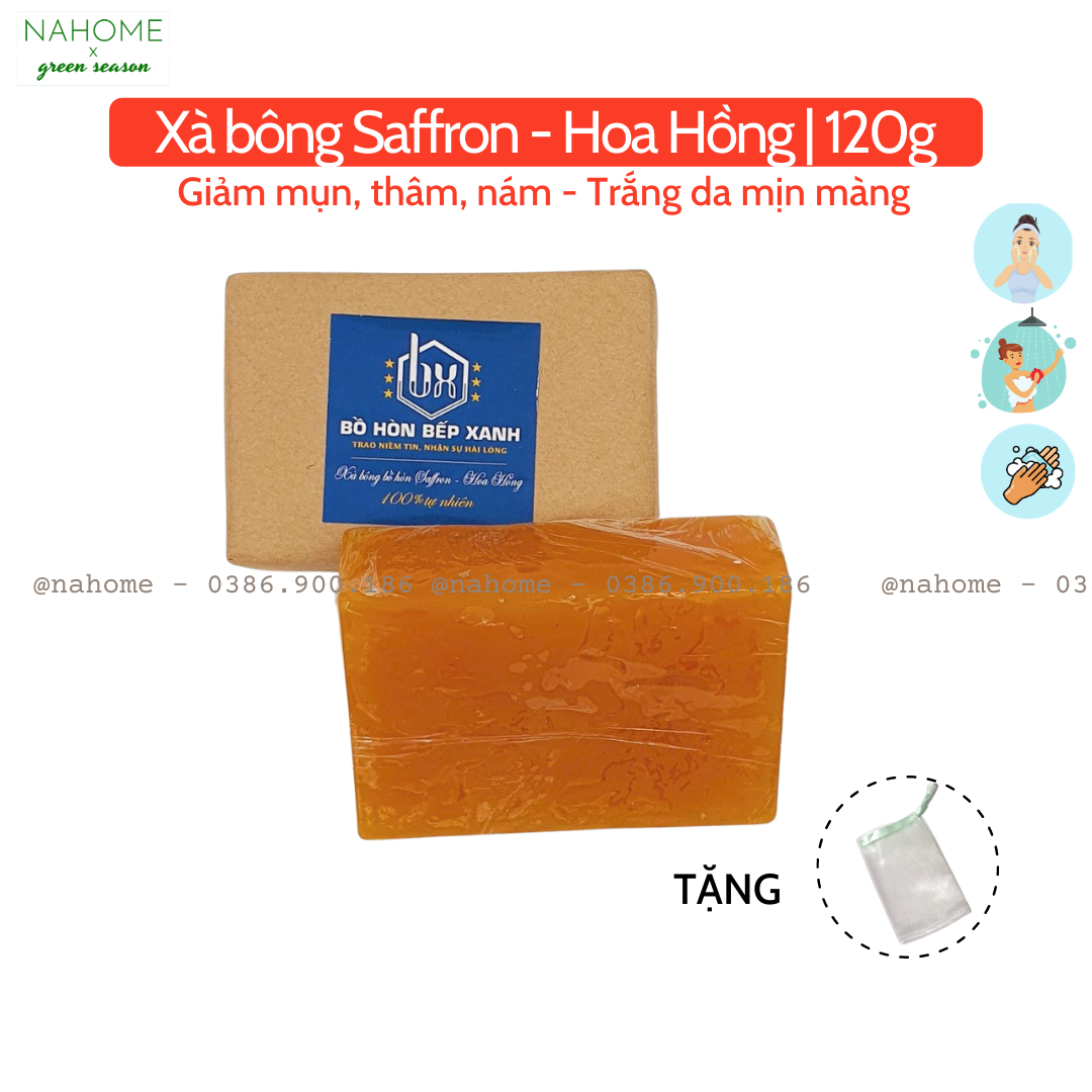 Xà bông nghệ tây Saffron Hoa Hồng Bồ Hòn Bếp Xanh dùng rửa mặt, tắm, giảm mụn, mờ vết nám thâm, cực dưỡng ẩm và làm sáng mịn da, se khít lỗ chân lông, mùi tinh dầu hoa hồng, dạng bánh 120gr Nahome