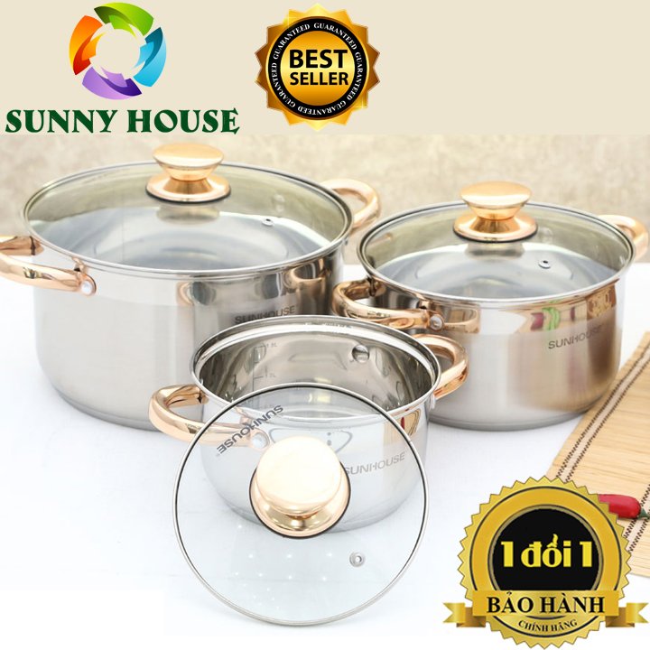 Bộ 3 nồi inox CAO CẤP 5 đáy Sunhouse SH781