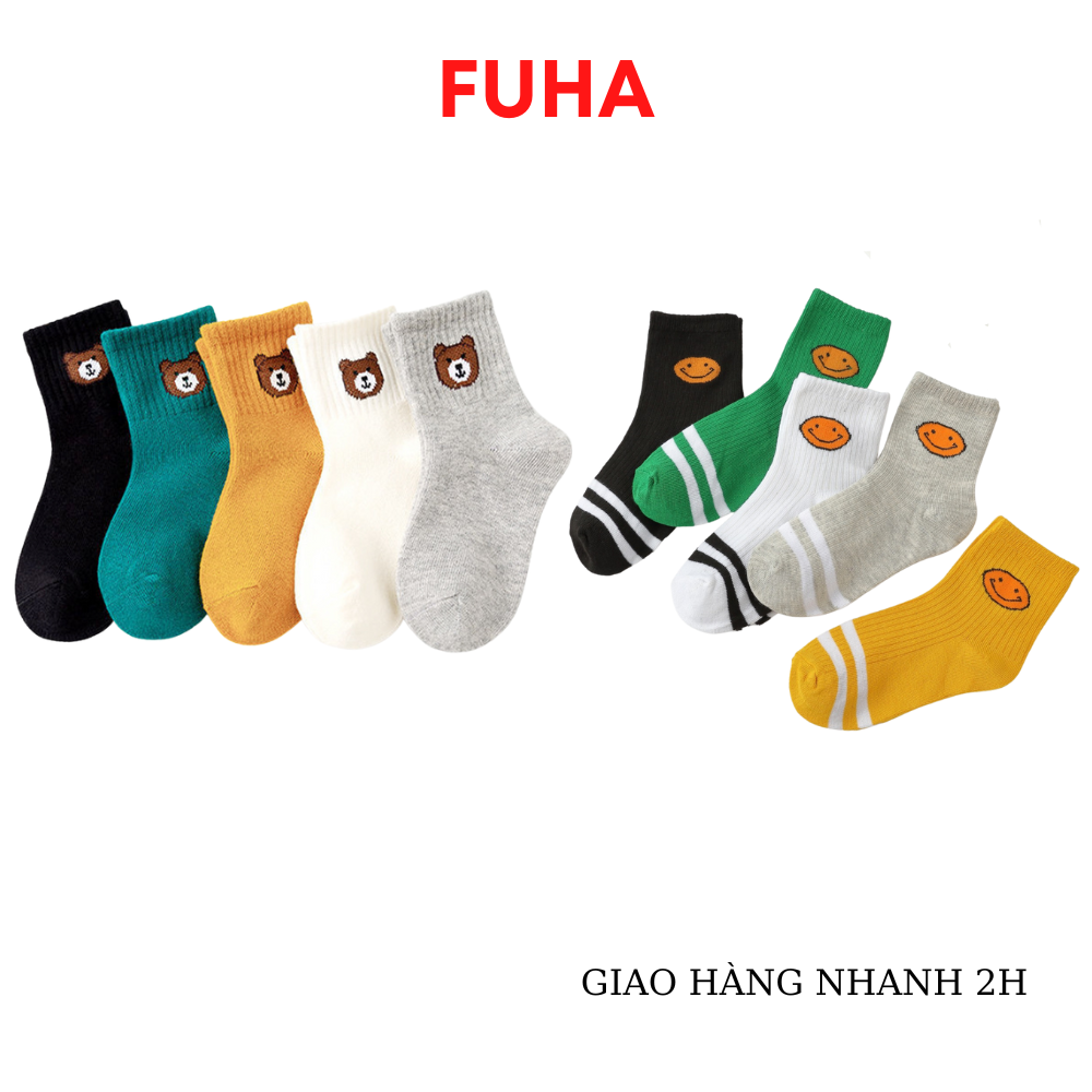 Set 5 đôi tất cho bé Fuha, set vớ cho bé cao cổ và cổ ngắn in nhiều họa tiết hoạt hình đáng yêu