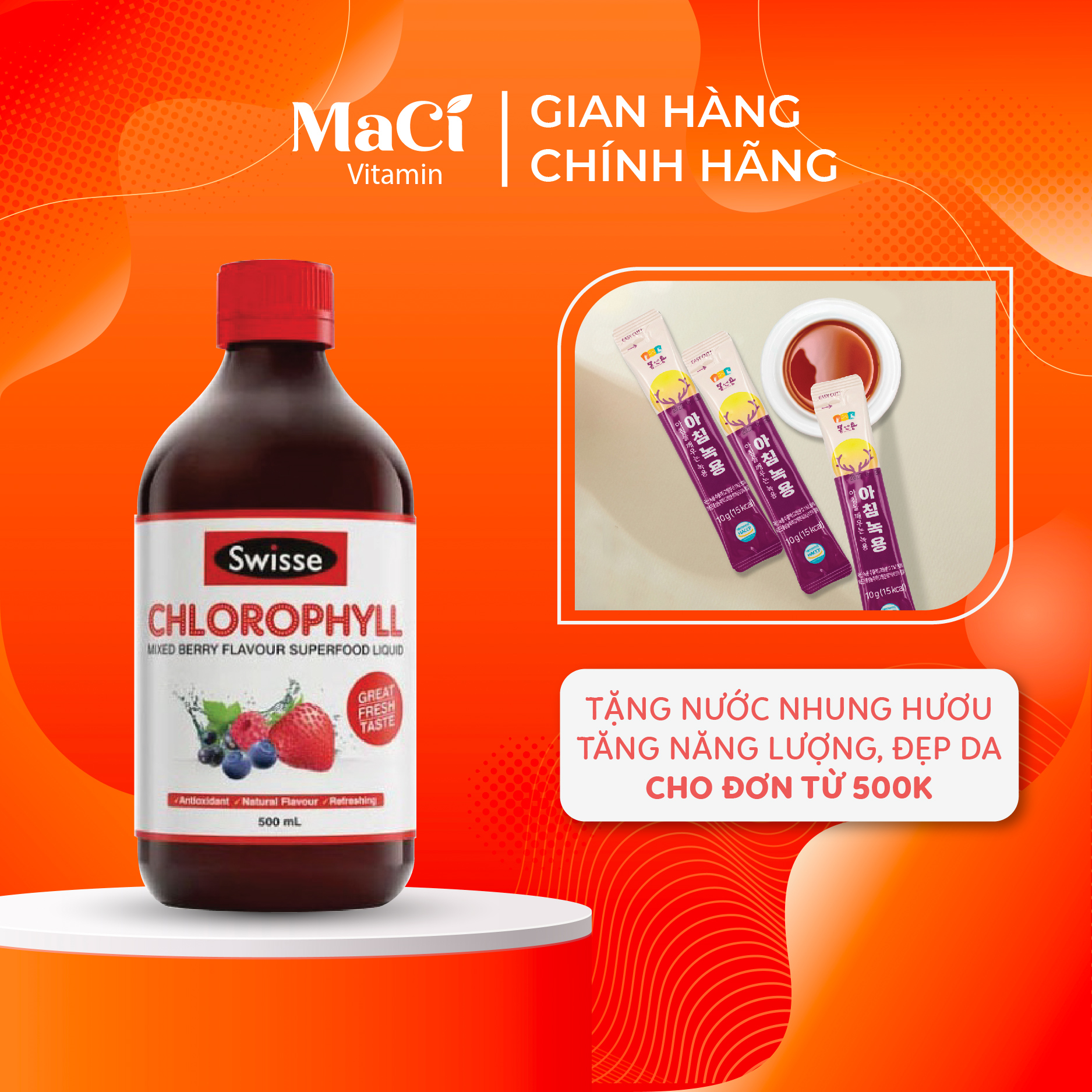 Nước diệp lục Swisse Chlorophyll vị Dâu Bổ sung vitamin, bổ sung chất xơ 500ml