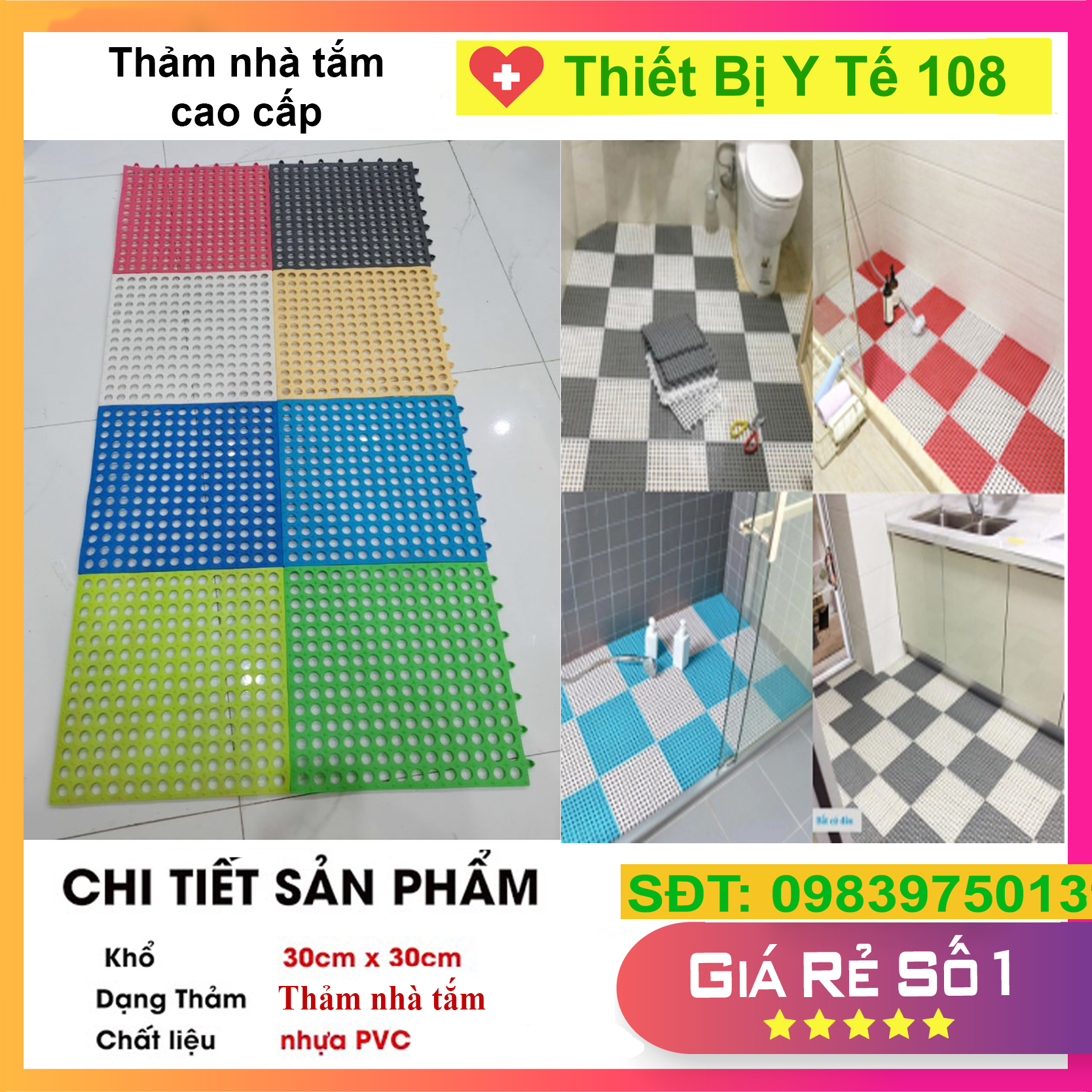 Tấm Cao Su Lót Sàn,Thảm Cao Su  Lỗ Kháng Khuẩn,Chống Trơn Trượt kt30*30 cm Sạch Sẽ,Thoáng Mát,Êm Chân,An Toàn Cho Trẻ