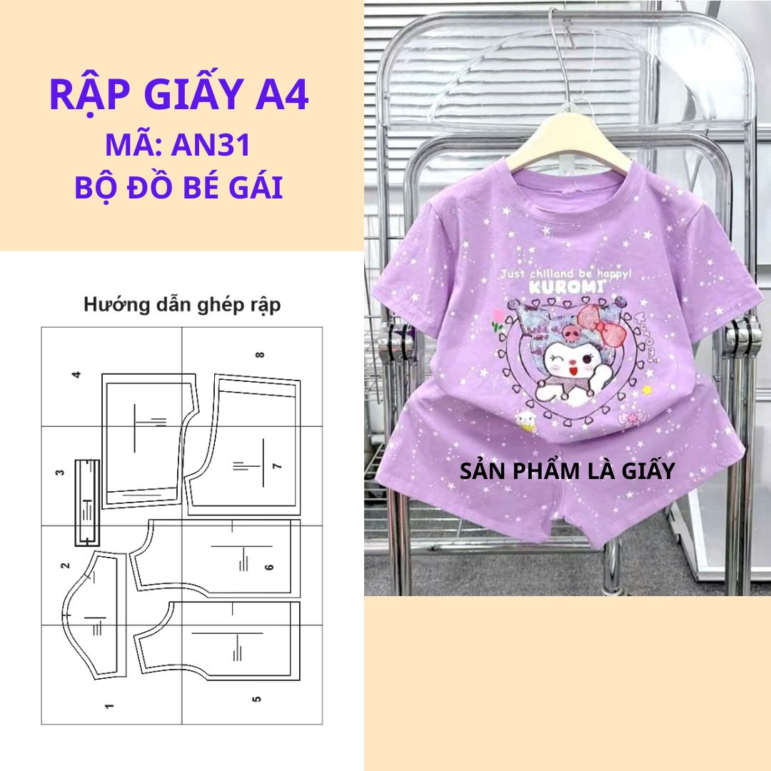 Rập giấy A4 cắt ghép may bộ đồ phom rộng áo thun cộc tay kèm quần sooc bé trai bé gái _ AN31