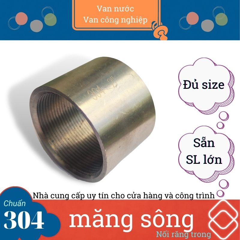 Măng sông inox 304 phi 60 phụ kiện đường ống nối trơn ren trong chất liệu bằng thép không gỉ