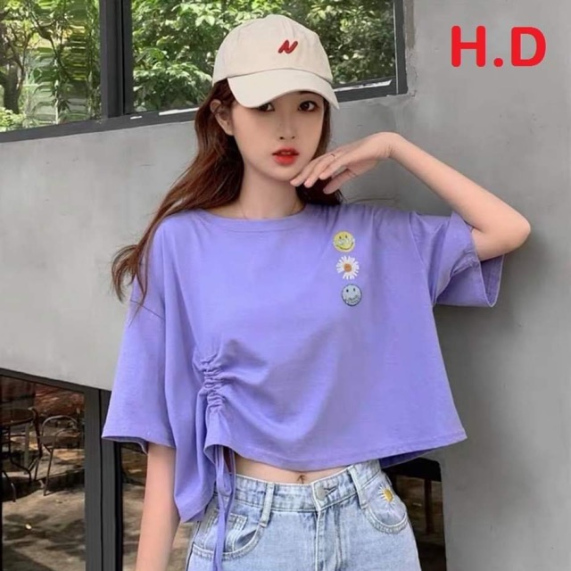 Áo croptop dây rút hoa cúc mặt cười HĐ12 , Áo thun nam nữ, quần kaki, quần nữ, sét bộ mặc ở nhà, áo thun tay dài, quần jean ống rộng - LEEDA