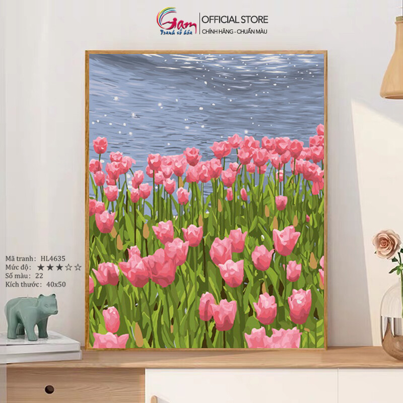 Tranh số hoá hoa tulip gam tự tô màu mẫu mới nâng cấp lọ màu to 5ml hl4635 40x50 cm