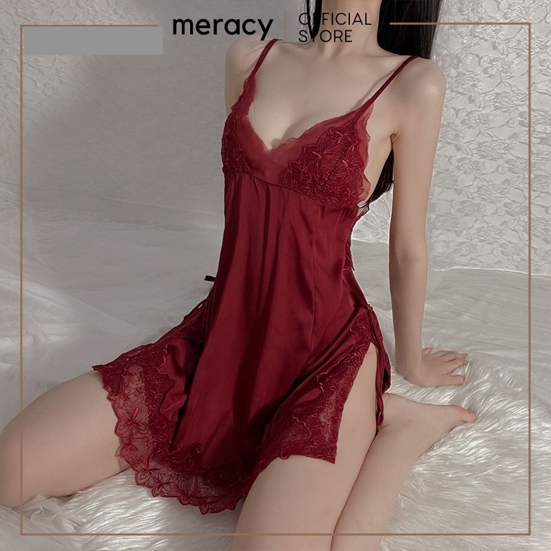 Váy ngủ sexy lụa satin 2 dây nữ MERACY đầm ngủ sexy 2 dây có mút ngực phối ren xẻ hông M10-VN