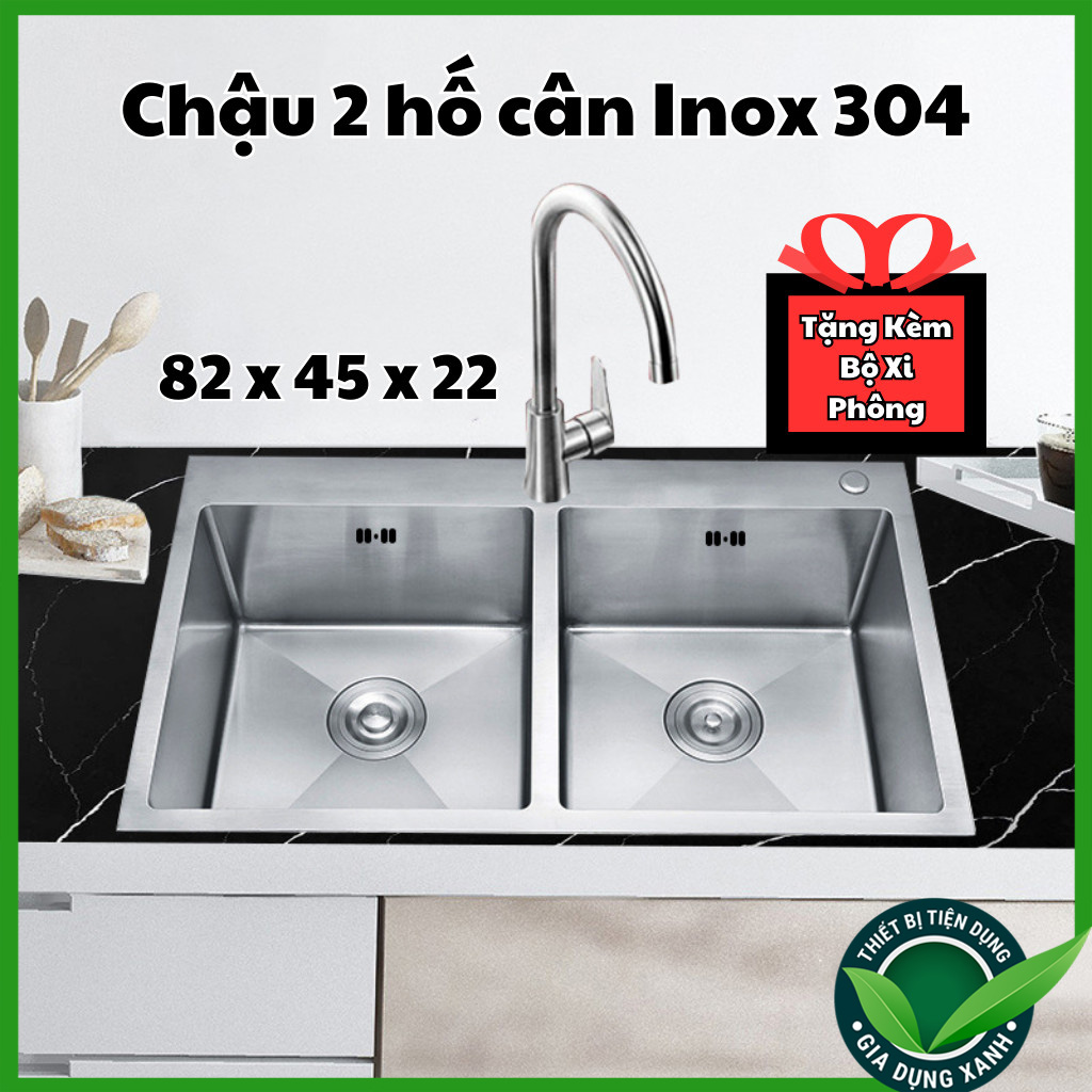 Bồn rửa chén 2 ngăn, chậu rửa bát 2 hố inox 304, chậu rửa kích thước 82x45x22 chậu đúc dày 2mm - tặng kèm bộ xi phông