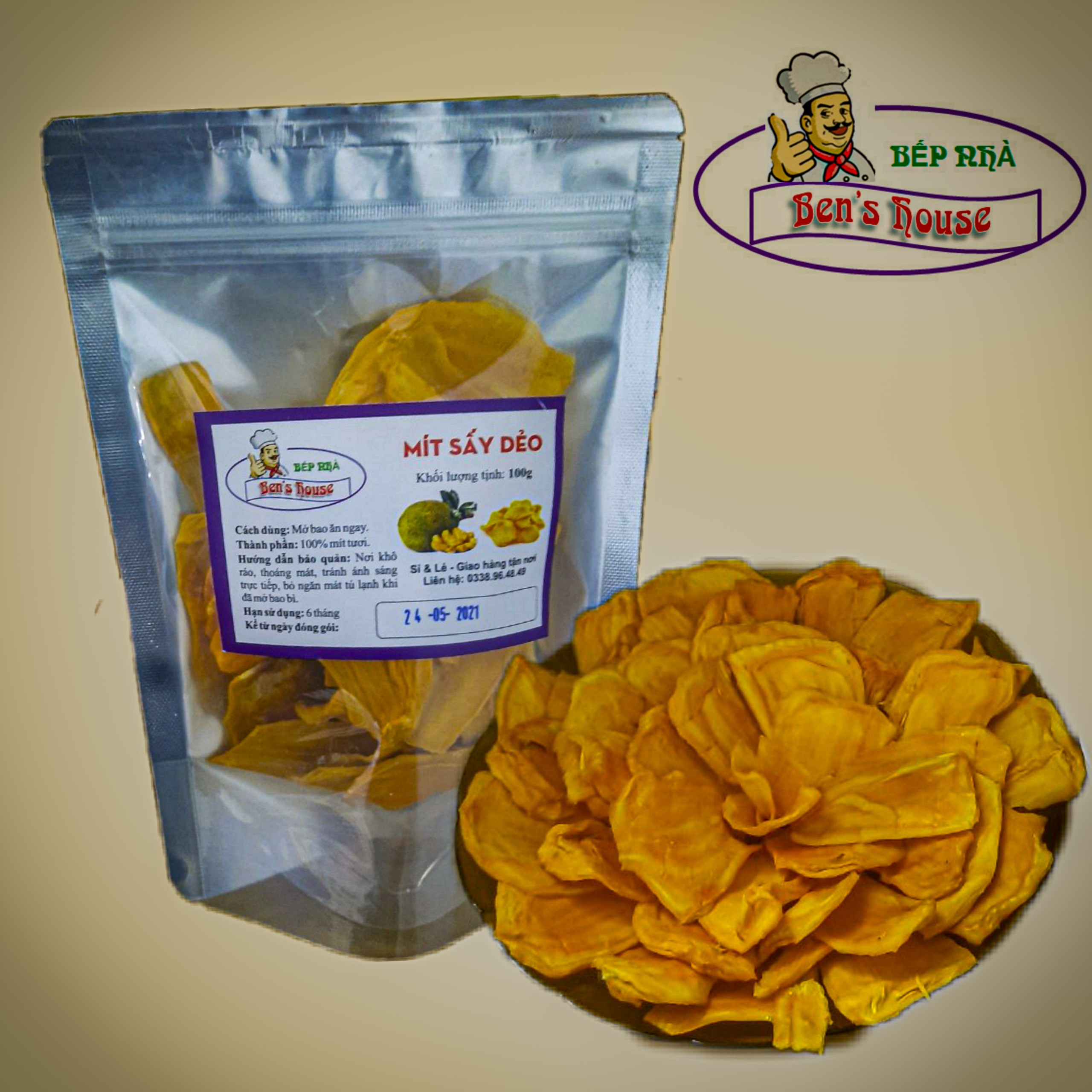 MÍT SẤY DẺO BEN'S HOUSE GÓI 100G-MÀU VÀNG TƯƠI VÀ MÙI THƠM  TỰ NHIÊN CỦA MÍT CHÍN CÂY, KHÔNG CHẤT BẢO QUẢN, MỀM DẺO TĂNG KHẨU VỊ CHO NGƯỜI DÙNG