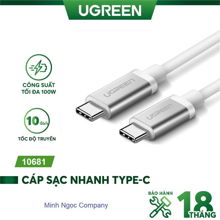 Cáp sạc usb 3.1, usb type c 2 đầu hỗ trợ sạc nhanh và truyền dữ liệu ugreen - bảo hành 18 tháng