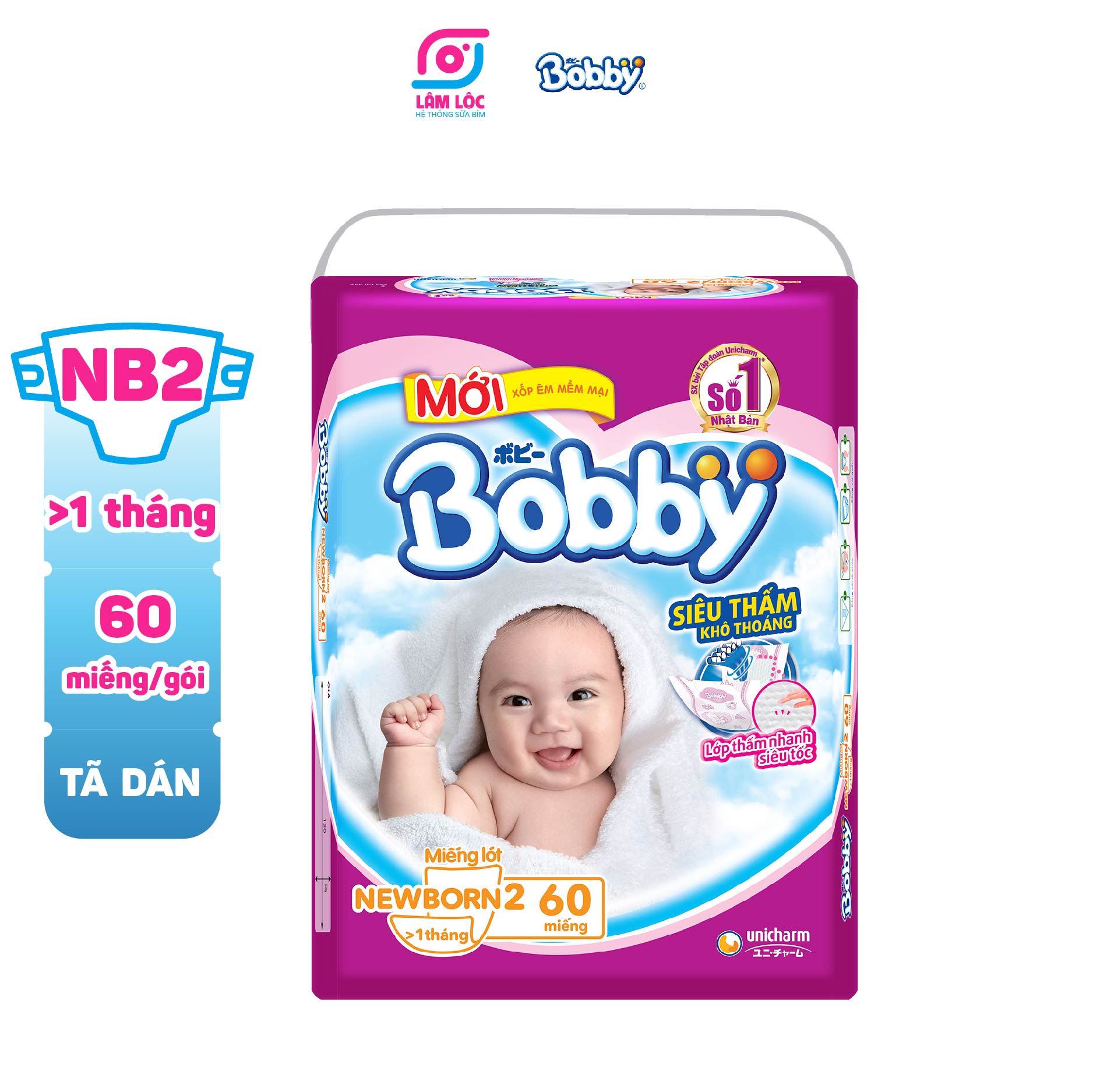 Bỉm dán Bobby, miếng lót sơ sinh Bobby size NB2 (60 miếng ) dành cho bé trên 1 tháng ( hỗ trợ phí ship, đánh giá 5 sao để nhận voucher 5k )