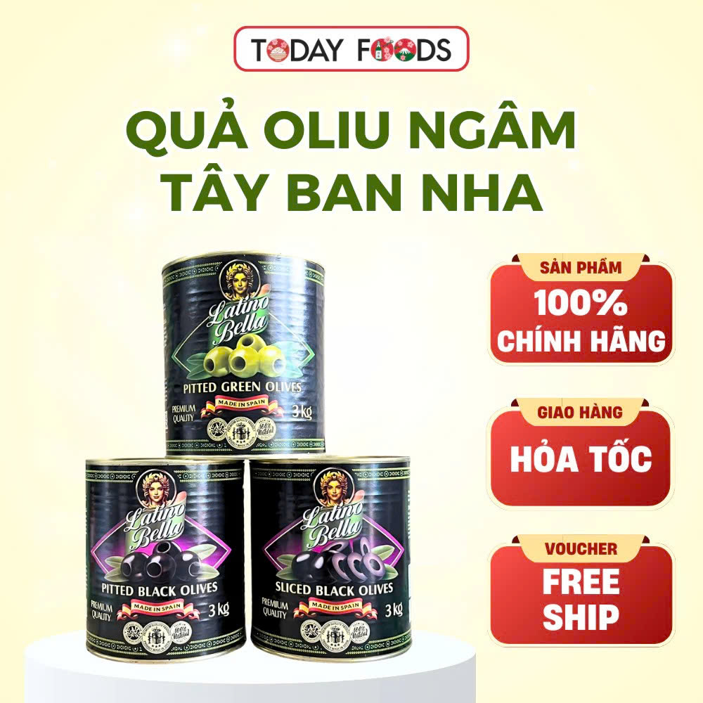 Quả Oliu Đen & Quả Oliu Xanh Tách Hạt (Latino Bella) Pitted Black Olives hộp 3KG