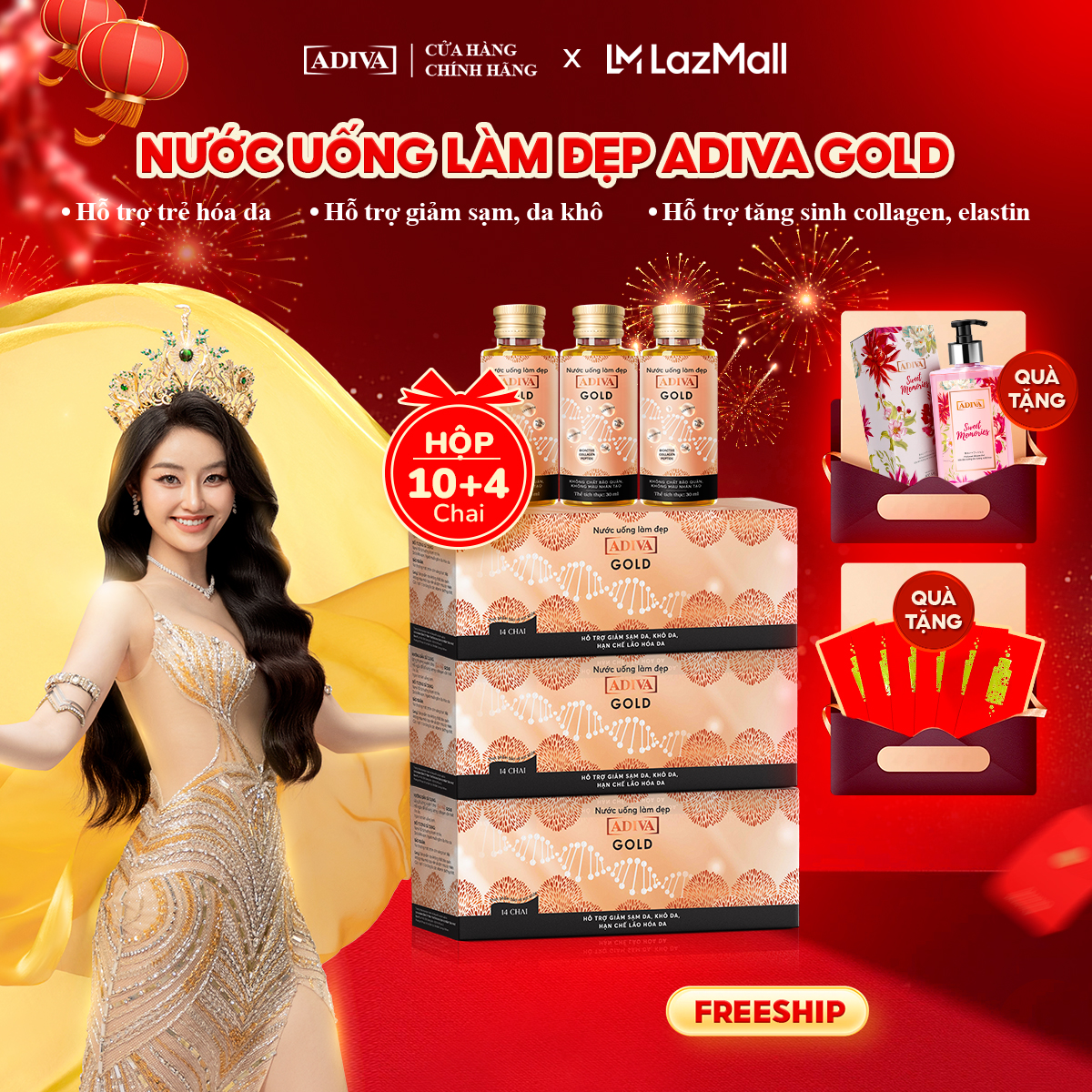 Combo 3 Hộp Nước Uống Làm Đẹp Collagen ADIVA Gold -Giúp Da Giảm Nếp Nhăn Và Chống Lão Hóa