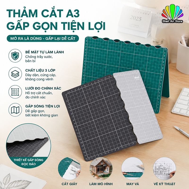 Bảng Kê Cắt Tự Liền A3 Thảm cắt gấp gọn PVC Gấp Gọn Di Động - Dụng Cụ Thủ Công DIY Cho Cắt Giấy May Vá Patchwork Foldable Cut Mat