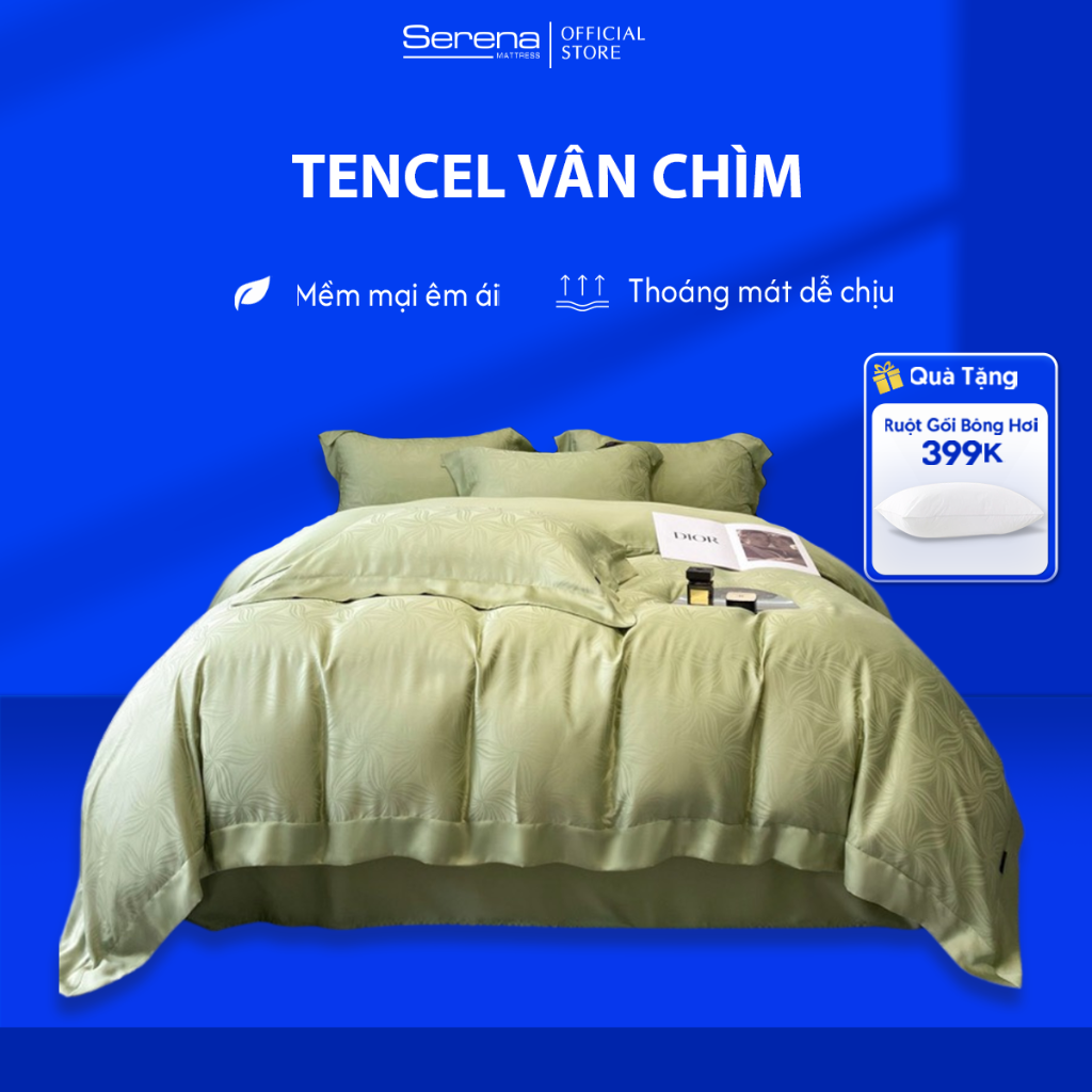 Bộ chăn ga gối tencel SERENA MATTRESS cao cấp set chăn ga giường gối đệm 5 món lụa tencel vân chìm trải giường sang trọng khách sạn