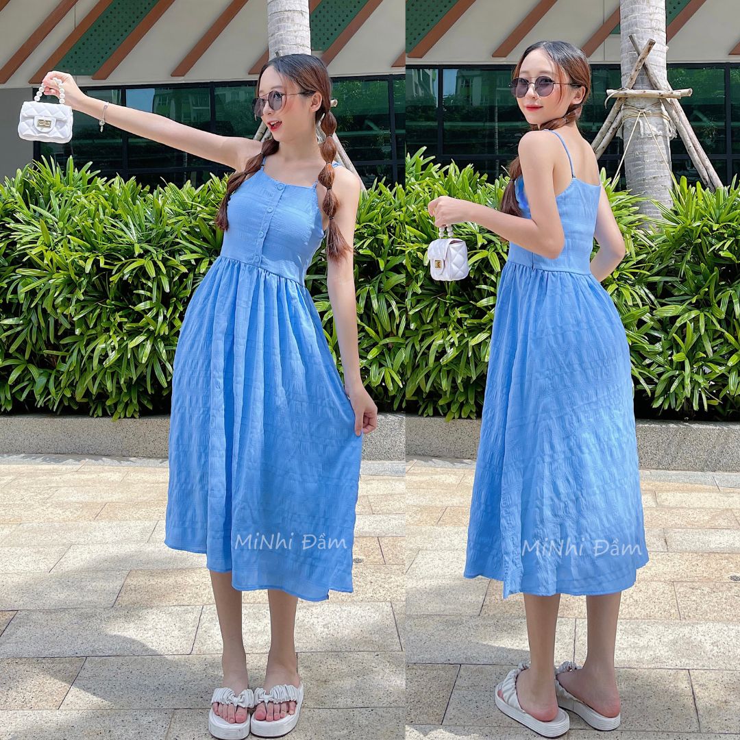 Đầm 2 dây màu xanh dương dáng xòe, Đầm maxi 2 dây dài Cao Cấp đính nút ngực, nữ tính quyến rũ - MiNhi Dress