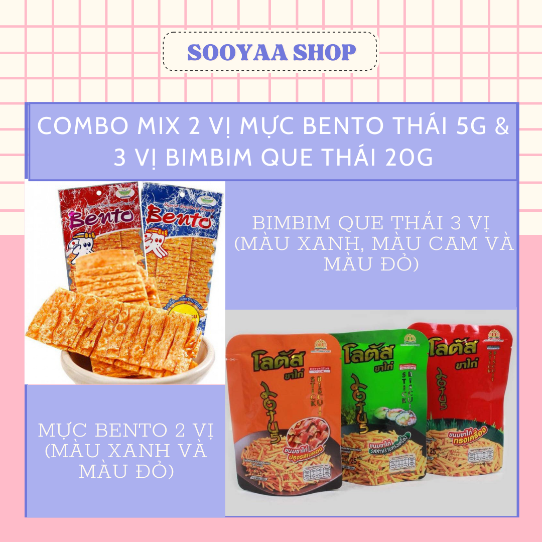 Combo mix 2 vị mực bento thái 5g & 3 vị bimbim tăm que thái 20g – đồ ăn vặt sooyaa shop