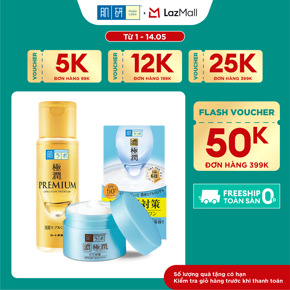 [VB] Bộ đôi dưỡng da ẩm mịn Hada Labo Koi-Gokujyun Nhập khẩu( Kem dưỡng ẩm chống nắng UV White Gel 90g + Dung dịch dưỡng ẩm tối ưu Premium Lotion 170ml)