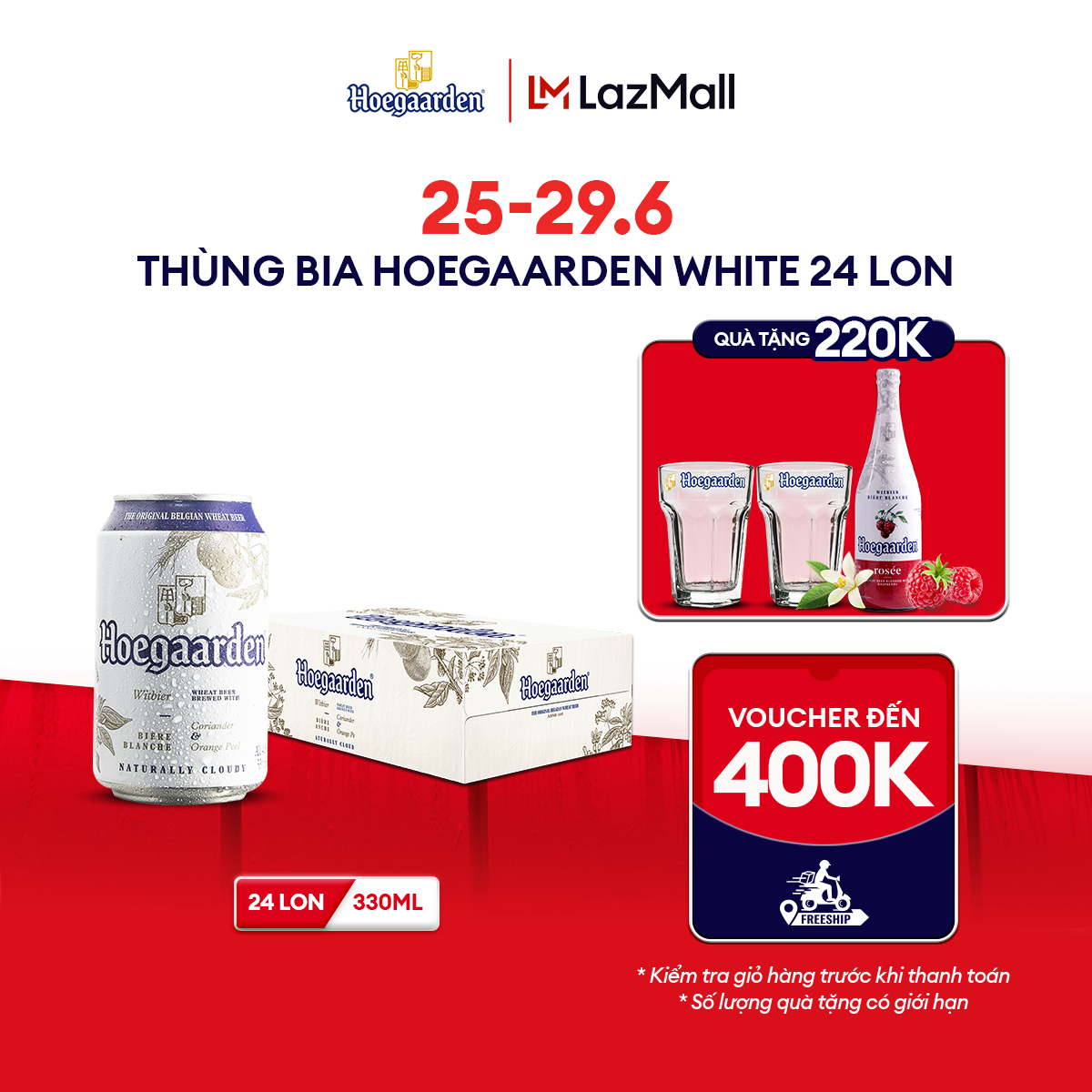 [25-29.6 VC ĐẾN 100K+FS] Thùng 24 lon bia Hoegaarden White (330ml/lon)