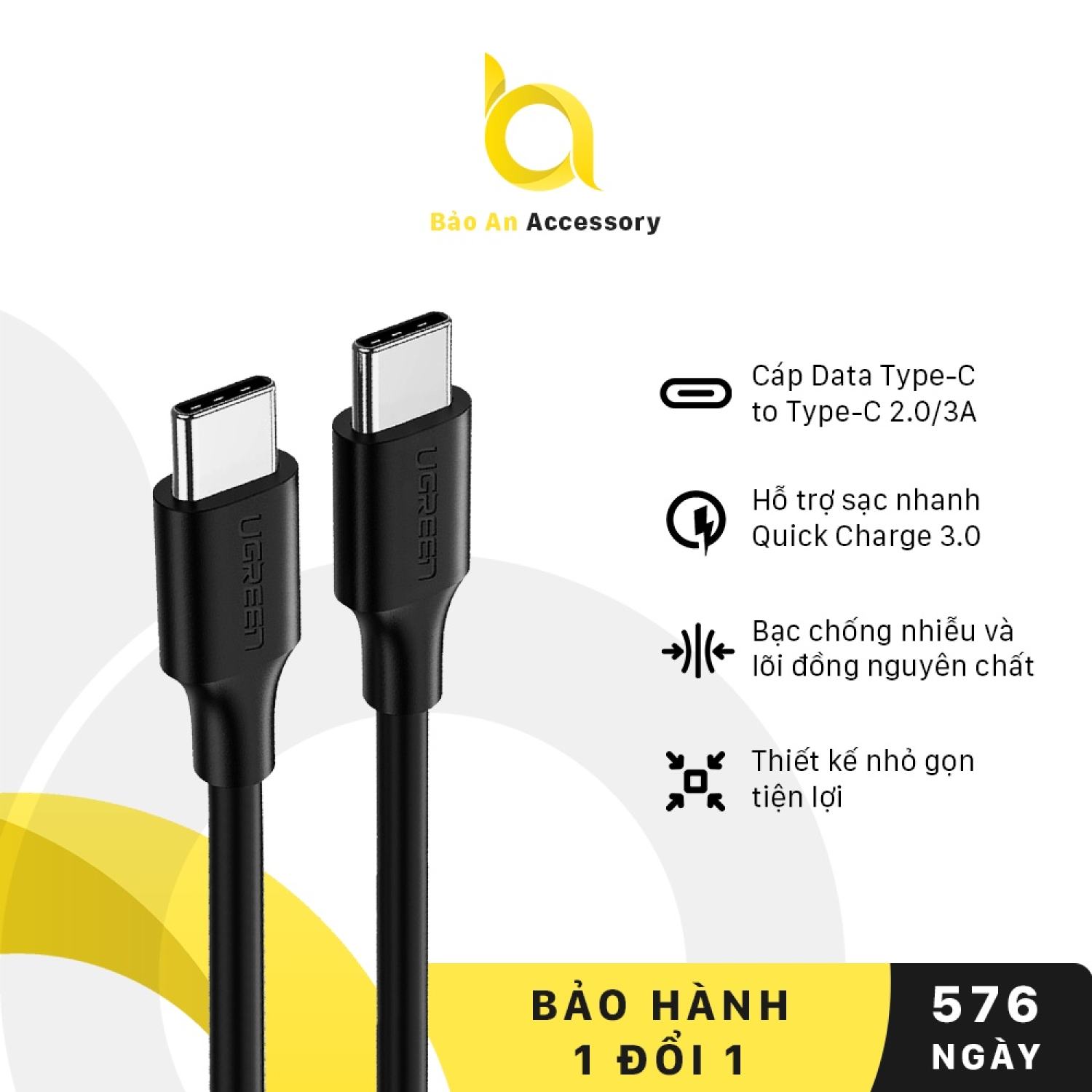 Dây sạc nhanh 2 cổng type-c ugreen us286 tương thích củ sạc qc3.0 - hàng chính hãng