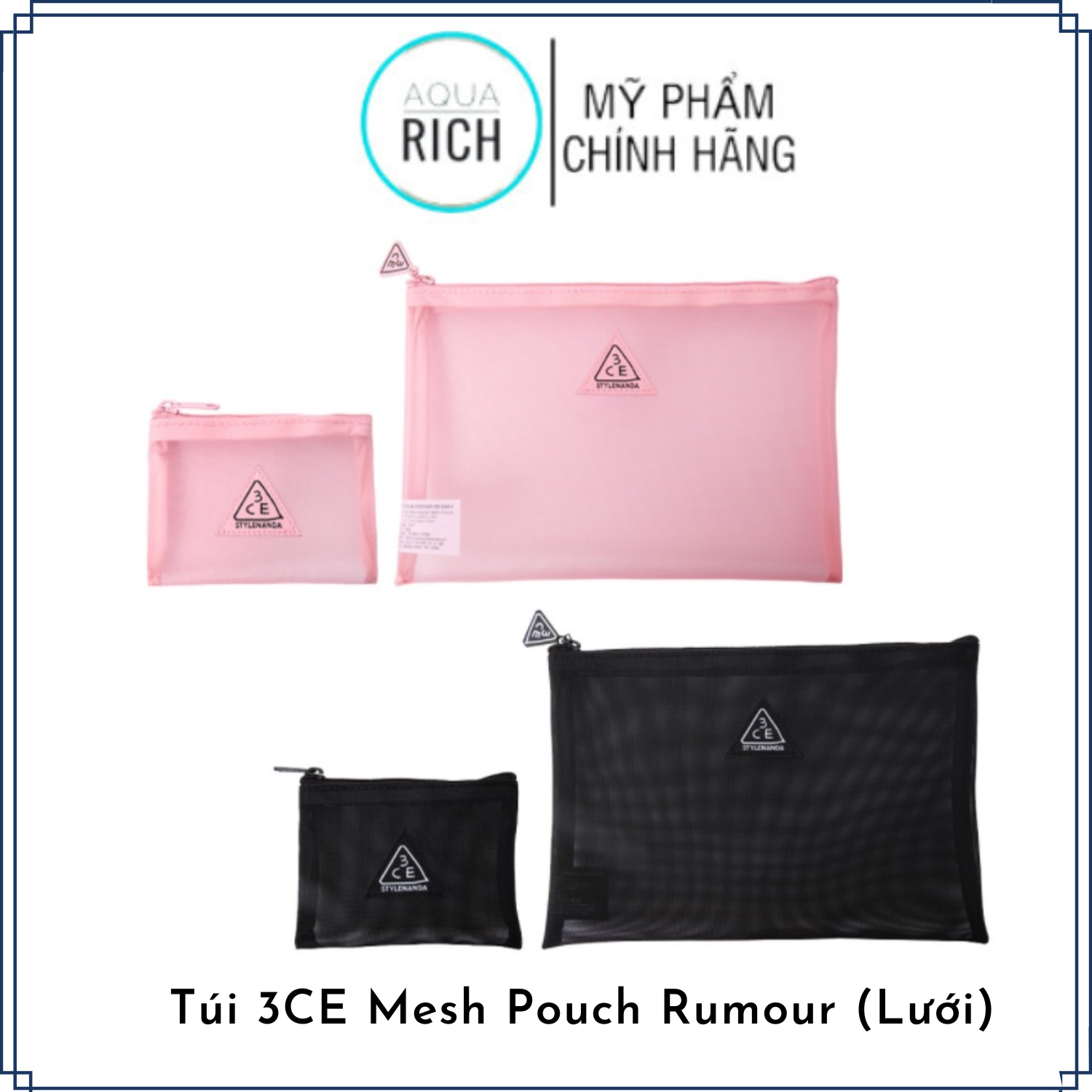 Túi 3ce dạng lưới đựng mỹ phẩm tiện dụng xinh xắn 22x15x1cm mesh pouch + pink rumour