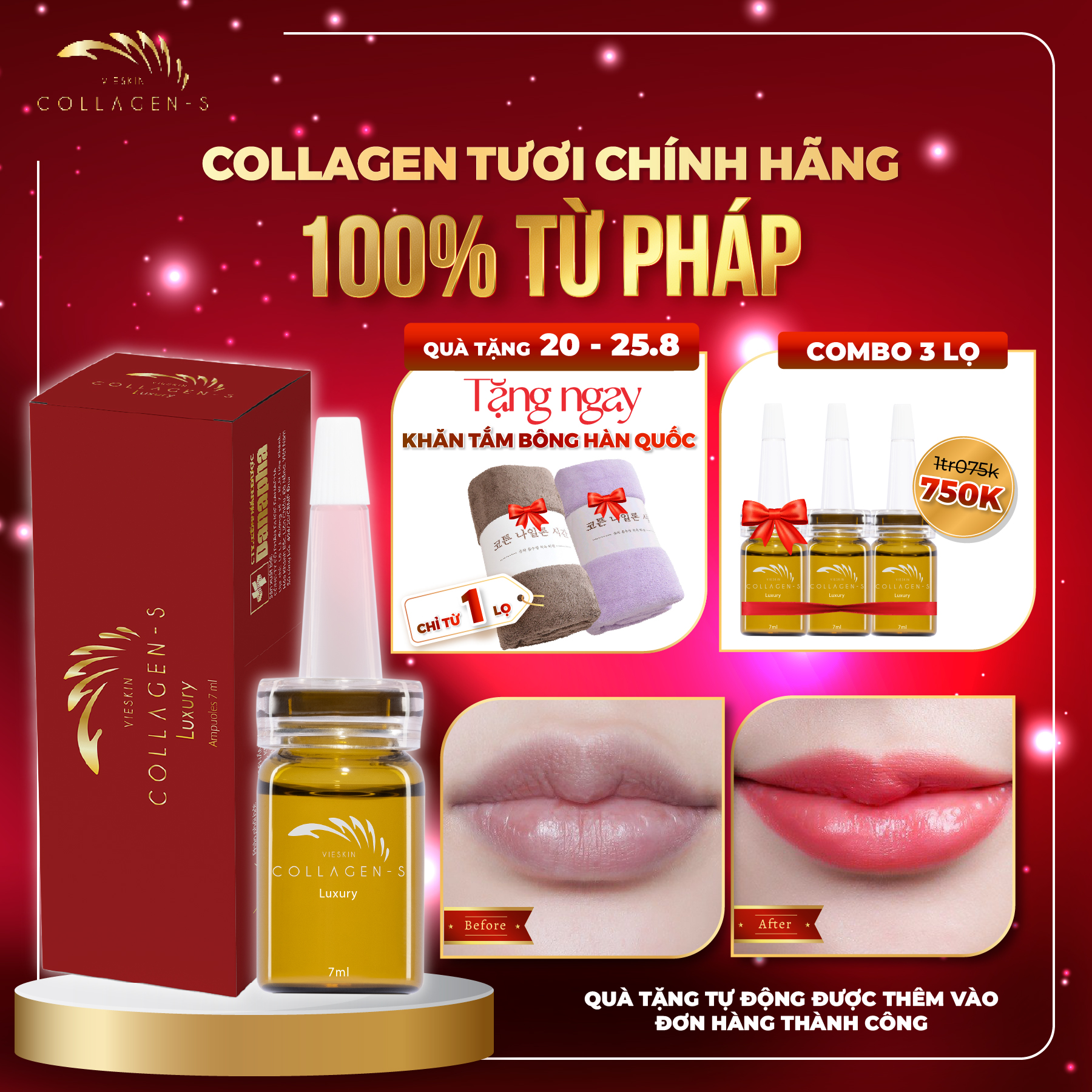 Tinh chất Collagen tươi CAO CẤP Vieskin Collagen -S Luxury, dưỡng kích màu môi sau phun xăm, phục hồi, dưỡng ẩm sâu cho môi căng bóng