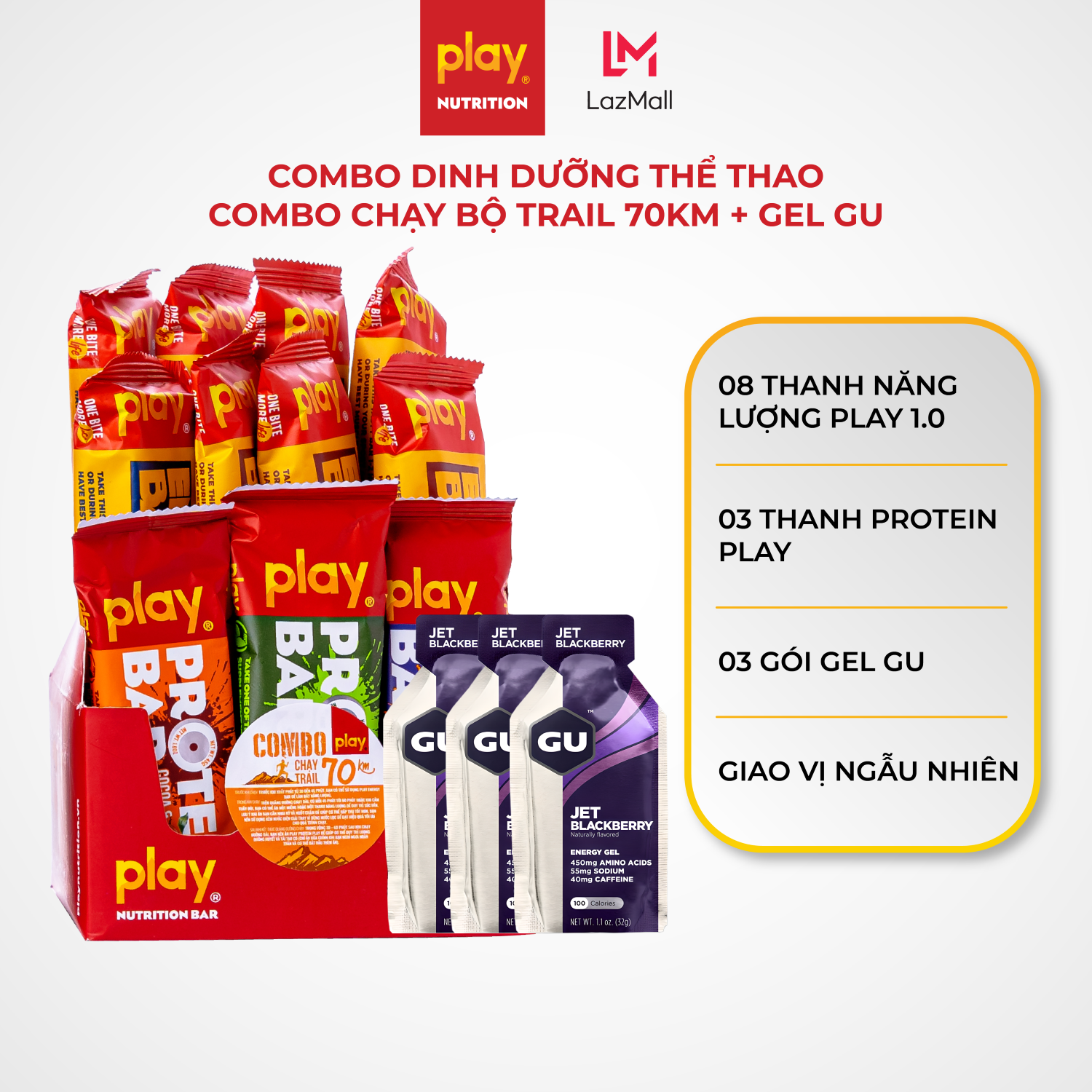 Combo dinh dưỡng thể thao - Thanh năng lượng PLAY, thanh protein PLAY, gel GU - Combo chạy bộ Trail 70km