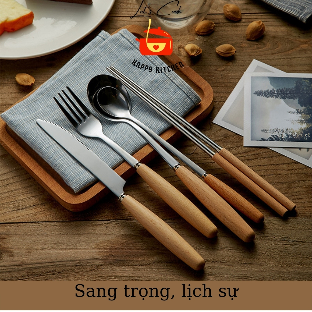 Bộ thìa dĩa cán gỗ lúa mạch 3 món gồm thìa dĩa đũa kèm hộp đựng cao cấp
