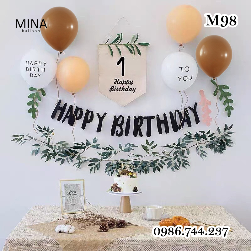 Set Bóng Trang Trí Sinh Nhật Vintage Kết Hợp Dây Cờ Vải Và Lá