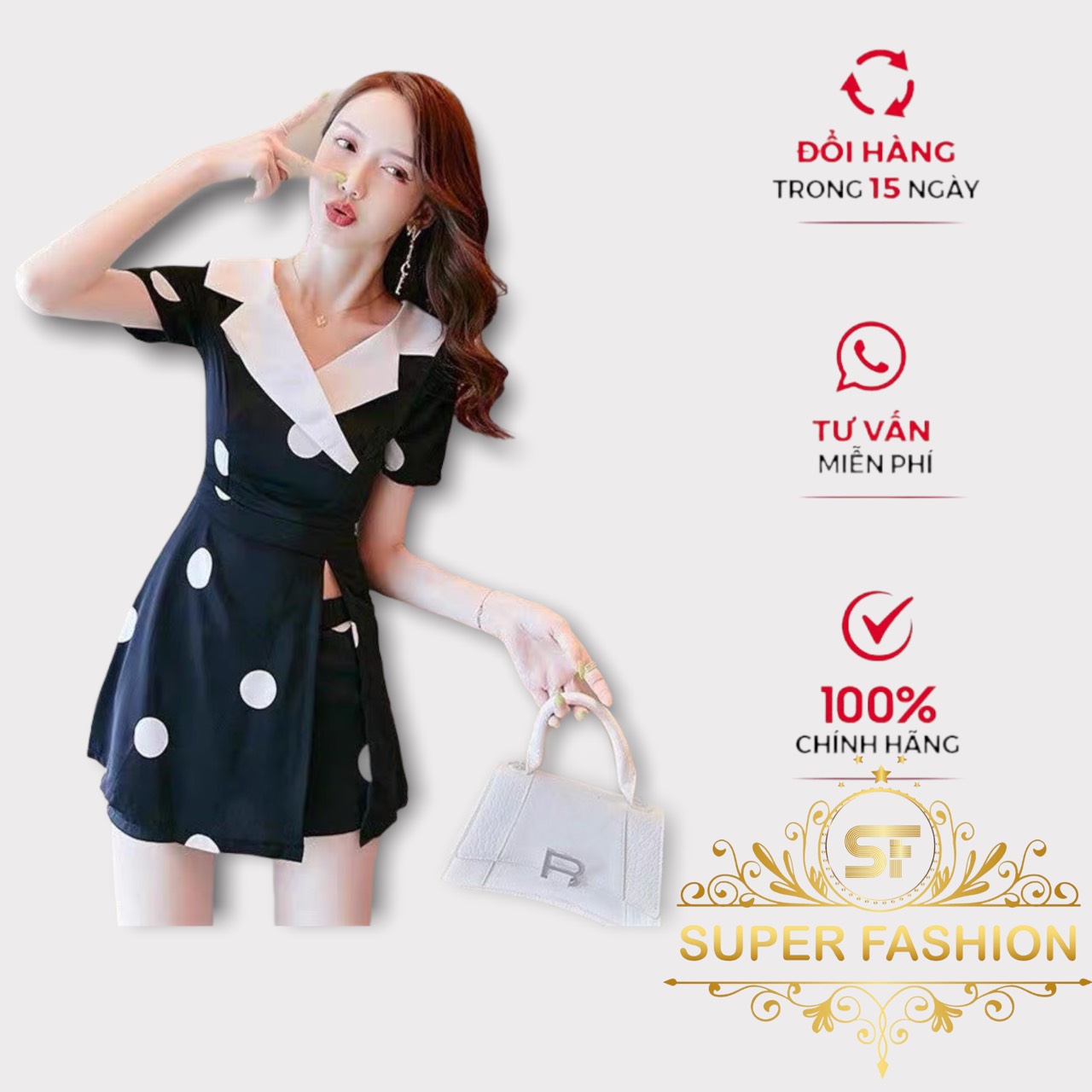 Set bộ cổ vest chấm bi đen trắng sang chảnh dễ thương đẹp mê ly