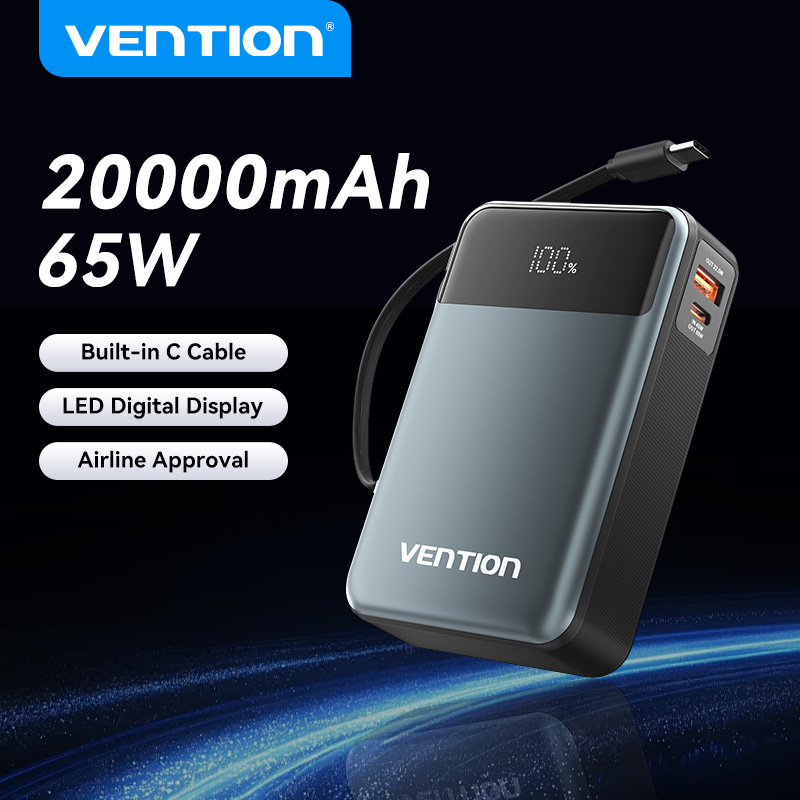 Vention 65W 20000mAh Sạc Dự Phòng Sạc Nhanh Power Bank with Màn Hình LED 3 Cổng Built in Cáp Type C dành cho Laptop Tablet iPhone 16 15 pro max Samsung Xiaomi Huawei Realme Portable Powerbank Sạc Dự Phòng
