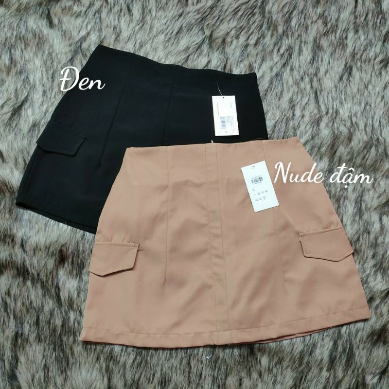 Chân váy chữ a nâu 2 túi giả
