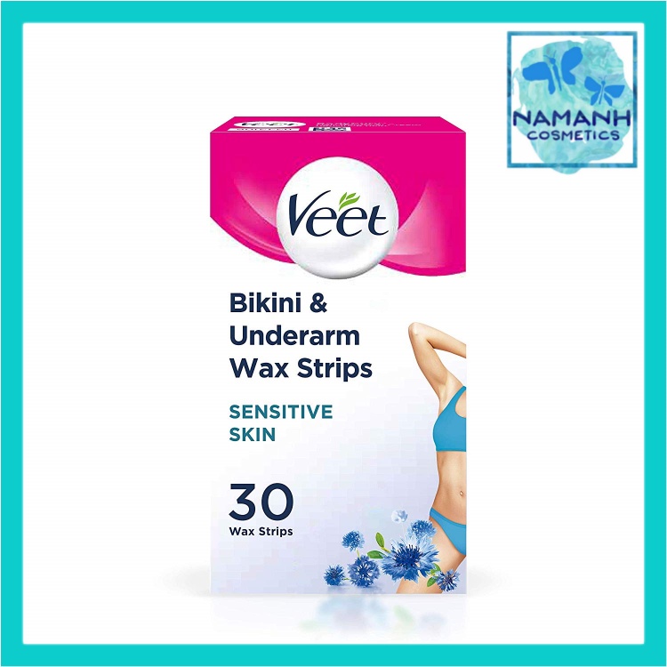 Miếng dán tẩy lông cho da nhạy cảm vùng dưới cánh tay và bikini Veet Sensitive Bikini 30 Cold Wax Strips