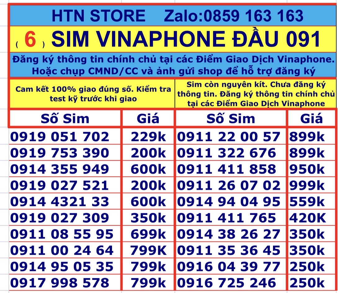 Sim vinaphone số đẹp đầu số 091 - sim vina trả trước