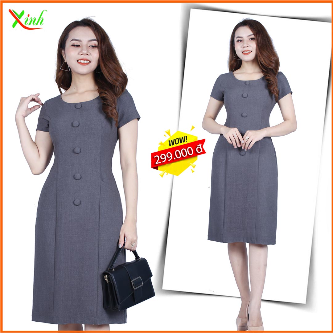 Đầm suông xám tiêu phối nút sang trọng dl508