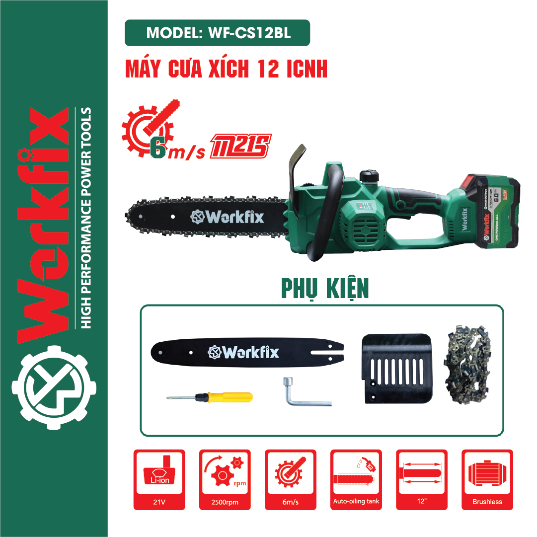 Máy cưa xích dùng pin WORKFIX WF-CS12BL Tra nhớt tự động, Chuyên cưa cây, cắt gỗ, Chân pin phổ thông