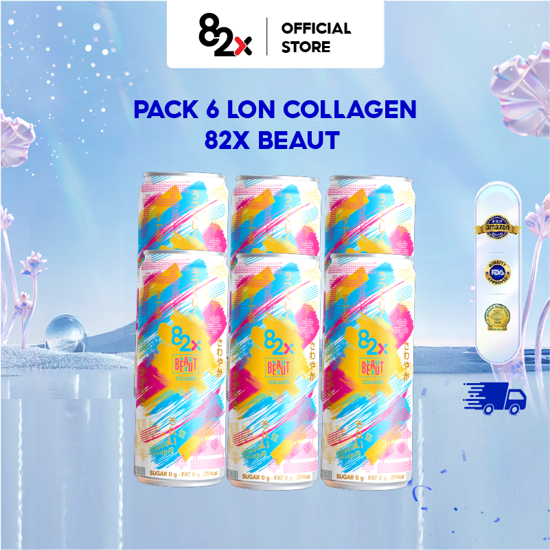 [Pack 6 Lon] Nước Uống 82X Beaut Giải Khát Lành Mạnh Bổ Sung Collagen, Không Đường, Ít Calo, Vị Ổi Hồng 245ml/Lon